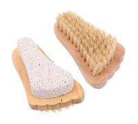 NOLITOY 2pcs Wooden Handle Pumice Stone Foot Scrubber Brush with Natural Boar Bristles for Dead Skin and Callus Removal Ergonomic Footshaped Pedicure Tool for Dry and Wet Foot Care and