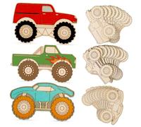 NOLITOY 30 Pcs Wooden Monster Truck Ornaments Unfinished Flat Back Cutouts for Crafts and Painting Handmade Unique Design Vehicle Decorations for Party Favors Home Office Wedding and DIY