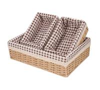 NOLITOY 3pcs Beige Rattan Woven Desktop Storage Basket Set with Plaid Fabric Lining, Large and Small Sundry Organizer Baskets for Home Office and Makeup Storage