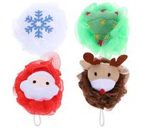 NOLITOY 4pcs Christmas Bath Balls Set Santa, Snowflake, Christmas Tree Reindeer Designs, Exfoliating Shower Loofahs for Body Scrubbing and Bathing Supplies