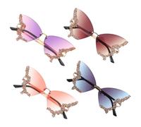 NOLITOY 4pcs Vintage Rimless Butterfly Sunglasses for Women Lightweight Comfortable Fit with Sparkling Rhinestones in Pink Blue Gray Purple Stylish Photo and Vacation Eyewear Accessories
