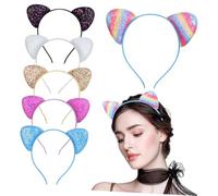 NOLITOY 6 Pcs Cat Ear Headbands Fabric Kitten Hairbands with Sequins Multi-color White Violet Black Gold Sky Blue Blue for Halloween Cosplay Party and Everyday Wear