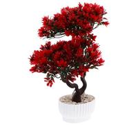 NOLITOY Artificial Bonsai Tree Fake Plant for Desk, 10.6" Faux Guest-Greeting Pine Simulation Potted Plants, Japanese Zen Decor for Living Room Office Shelf Bedroom, Indoor Red Ornament