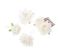 NOLITOY Beige Fabric Rose Bridal Hair Clips Set 4 Pieces with U-Shaped Pins, Seven-Tooth Comb and Brooch, Floral Wedding Hair Accessories for Brides and Party