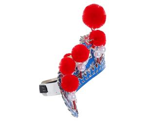 NOLITOY Beijing Opera Hat Traditional Chinese Stage Headdress with Red Pom Pom Blue Helmet for Men Women Party Dance Performance Accessories