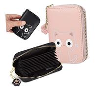 NOLITOY Card Holder Wallet Small Purse Cat Pattern for Women PU Leather Zipper 2-Pack Credit Card Holders