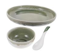 NOLITOY Ceramic Dinnerware Set for One Person Green Party Kitchen Accessories Dishwasher Safe Soup Bowl Plate Spoon Kit with Artistic Glazed Finish