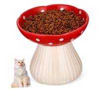 NOLITOY Ceramic Raised Cat Bowl with Stand Whisker Friendly Wide Elevated Pet Feeding Bowl Indoor Cat Food Dish Red Mushroom Design