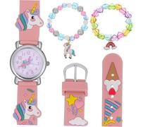 NOLITOY Cute Unicorn Quartz Watch Bracelet Set with Rainbow Heart Beads and Pearl Charm Pendant Jewelry for Birthday Party Daily School Wear