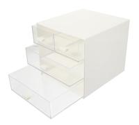 NOLITOY Desktop Organizer with 4-compartment Drawer, Plastic Versatile Storage Box for Tea Bags, Coffee Capsules, Jewelry and Stationery, White Multifunctional Storage Cabinet for Office