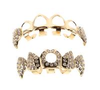 NOLITOY Gold Rhinestone Teeth Grill Hollow Out Vampire Fang Tooth Caps for Hip Hop Style for Halloween Cosplay and Themed Parties Easy to Wear and Remove