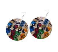 NOLITOY Natural African Wooden Earrings for Women Handmade Geometric Lightweight Wood Jewelry with Painted Cartoon Design Skin-friendly Accessory for Festivals Birthdays and Daily Wear