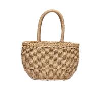 NOLITOY Portable Khaki Wheat Straw Drawstring Tote Bag Hand Woven Practical Handbag for Women Lightweight Fashionable Weaving Handbag for Daily Use and Travel