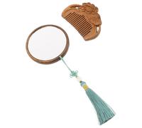 NOLITOY Portable Wooden Comb and Hand Mirror Set with Tassel Lightweight Travel Makeup Mirror Hand-carved Patterned Scalp-friendly Comb for Daily Grooming at Home and Office