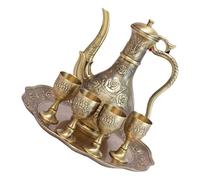 NOLITOY Vintage Turkish Coffee Pot Set with 500Ml Tea Flask, 50Ml Red Wine Goblets, Antique Metal Rose Embossed Tray Six-Piece Wine Serving Set for Home, Party, Wedding