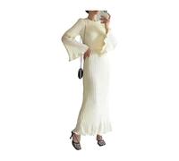 NOLLAM Casual Women's Solid Color Round Neck Bell Sleeve Pleated Dress Casual Fall Long Sleeve Belted Flared Plisse Maxi Dress Beach Apricot