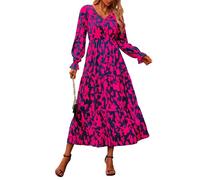 NOLLSOM Women's 2024 Fall Dresses Boho Maxi Dress Casual Long Sleeve V Neck Floral Dresses Wedding Guest Dress, Navy Rose Red Flower, XXL