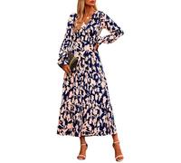 NOLLSOM Women's 2024 Fall Dresses Boho Maxi Dress Casual Long Sleeve V Neck Floral Dresses Wedding Guest Dress, Navy Pink Flower, XXL