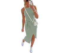 NOLLSOM Women's Clothing Casual Sleeveless Striped Tank Midi Dresses Halter Neck Ruched Bodycon Dresses Tie Waist T Shirt Summer Dress, Striped Army Green, M