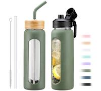 NOLOGLAZIC Glass Water Bottle with Straw, 24oz Glass Drinking Bottle with 2 Lids-Bamboo and Spout Lid with Phone Holder Handle for Gym Sports,with Silicone Sleeve and Time Marker,Olive