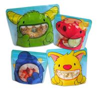 Nom Nom Kids small ziplock bags Monster snack bag collection | 4 Reusable bags in 3 sizes. 2 x small, 1 medium, 1 sandwich bag sized for toddlers and children | small ziplock bags for food