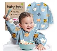 Nombear Baby Bibs for 6-12 Months (up to 18) - Waterproof & Easy Clean Baby Weaning Bib with Sleeves, Machine Washable Long Sleeve Bibs Alternative to Silicone and Coverall Bib for Feeding Toddlers