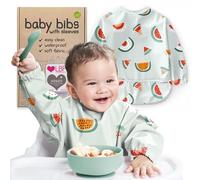 Nombear Baby Bibs with Sleeves for 6-24 Months, 1 Pack - Easy Wipe Clean, Machine Washable Baby Weaning Bib with Sleeves, Waterproof Long Sleeve Bibs, Alternative to Silicone and Coverall Bib