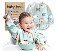 Nombear Baby Bibs with Sleeves for 6-24 Months, 1 Pack - Easy Wipe Clean, Machine Washable Baby Weaning Bib with Sleeves, Waterproof Long Sleeve Bibs, Alternative to Silicone and Coverall Bib