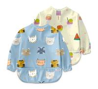 Nombear Baby Bibs with Sleeves for 6-24 Months, 2 Pack - Easy Wipe Clean, Machine Washable Baby Weaning Bib with Sleeves, Waterproof Long Sleeve Bibs, Alternative to Silicone and Coverall Bib