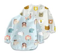 Nombear Baby Bibs with Sleeves for 6-24 Months, 2 Pack - Easy Wipe Clean, Machine Washable Baby Weaning Bib with Sleeves, Waterproof Long Sleeve Bibs, Alternative to Silicone and Coverall Bib