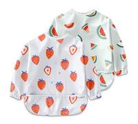 Nombear Baby Bibs with Sleeves for 6-24 Months, 2 Pack - Easy Wipe Clean, Machine Washable Baby Weaning Bib with Sleeves, Waterproof Long Sleeve Bibs, Non Silicone and Coverall Bib