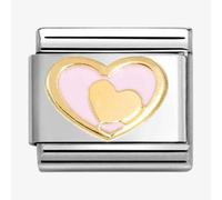Nomination CLASSIC Stainless Steel 18ct Yellow Gold Pink Double Heart Charm 030283/30