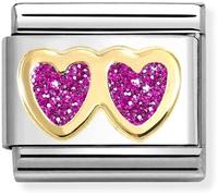 Nomination Double Pink Glitter Hearts Yellow Gold Charm