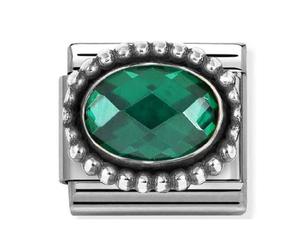 Nomination Green Faceted CZ Oval with Beaded Dot Trim Silver Shine Charm