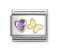Nomination Purple CZ Heart with Butterfly Yellow Gold Charm