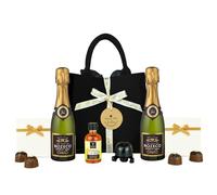 Non Alcoholic Sparkling Wine Mini Birthday Treat Bag: 0.0% Alcohol Free Sparkling Wine, Chocolate Truffles, Passion Fruit Syrup and Fizz Preserver | Jute Hamper Set