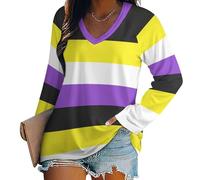 Non-Binary Flag Women's V Neck T Shirts Long Sleeve Tunic Tops Loose Fit Tee Shirt