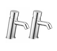Non-Concussive Bathroom Sink Tap - Adjustable Time Basin Tap Chrome 2 Pack | Self-Closing bathroom tap, Water Efficient, Modern Brass Design, Red & Blue Silicone Rings for Hot & Cold Indicators