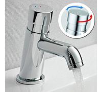 Non Concussive Push Down Self Closing Round Chrome Basin Mono Mixer Tap Hot Cold