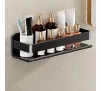 Non-Drill Wall Shelf for Bathroom - Adhesive Shower for Shampoo & Accessories - Black 30cm Storage Rack with Hooks for Sponges & Razors