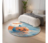 Non Shedding Printed Rugs Soft Touch Blue Orange Carpet Round Pumpkin Bat Halloween,Classic Lightweight Ideal for Living Room, Bedroom, Nursery, Kids Baby Room Rug 120 cm