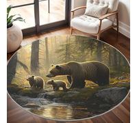 Non-Slip 100 cm Round Rug - jungle Brown Bear Family Flannel Round Area Carpet for Living Room, Low Pile Machine Washable Natural Landscape Circular Carpet Mat for Bedroom & Kids Playroom
