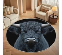 Non-Slip 120 cm Round Rug - Animal Highland Cattle Pattern Flannel Round Area Carpet for Living Room, Low Pile Machine Washable Gold Texture Circular Carpet Mat for Bedroom & Kids Playroom