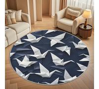 Non-Slip 120 cm Round Rug - Crane-Shaped Origami Print Flannel Round Area Carpet for Living Room, Low Pile Machine Washable Blue And White Circular Carpet Mat for Bedroom & Kids Playroom