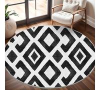 Non-Slip 120 cm Round Rug - Ethnic Geometric Art Flannel Round Area Carpet for Living Room, Low Pile Machine Washable Black And White Circular Carpet Mat for Bedroom & Kids Playroom