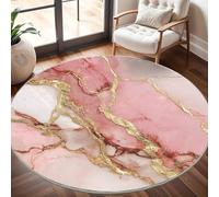 Non-Slip 120 cm Round Rug - Gold Marble Texture Flannel Round Area Carpet for Living Room, Low Pile Machine Washable Pink Circular Carpet Mat for Bedroom & Kids Playroom