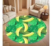 Non-Slip 120 cm Round Rug - Yellow Banana Flannel Round Area Carpet for Living Room, Low Pile Machine Washable Green Leaves Circular Carpet Mat for Bedroom & Kids Playroom