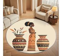 Non-Slip 160 cm Round Rug - African Traditional Pattern Flannel Round Area Carpet for Living Room, Low Pile Machine Washable Beige Circular Carpet Mat for Bedroom & Kids Playroom