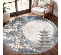 Non-Slip 160 cm Round Rug - Japanese Cherry Blossom Building Flannel Round Area Carpet for Living Room, Low Pile Machine Washable Grey Circular Carpet Mat for Bedroom & Kids Playroom