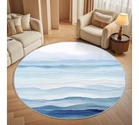 Non-Slip 200 cm Round Rug - Abstract Wave Ripples Flannel Round Area Carpet for Living Room, Low Pile Machine Washable Light Blue Oil Painting Circular Carpet Mat for Bedroom & Kids Playroom